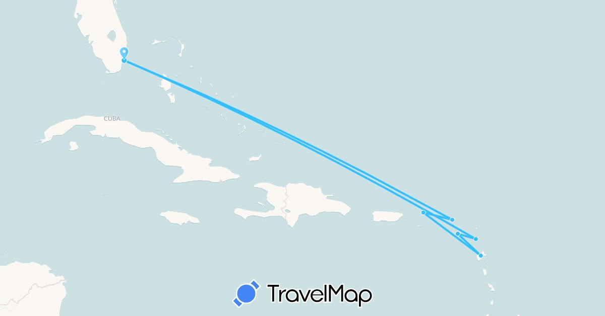 TravelMap itinerary: driving, boat in Antigua and Barbuda, France, Saint Kitts and Nevis, Netherlands, United States, British Virgin Islands (Europe, North America)